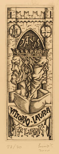 Exlibris by Luigi Crovetto from Italy for Vittorio Laura - Castle/Palace Portrait 
