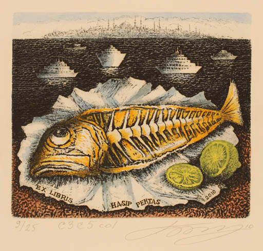 Exlibris by Alexei Bobrusov from Russia for Hasip Pektas - Fish Maritime Ship/Boat 