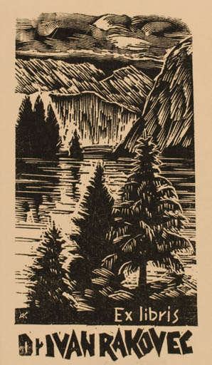 Exlibris by Kàroly Andrusko from Yugoslavia for Dr. Ivan Rakovec - Mountain Scenery/Landscape Tree 