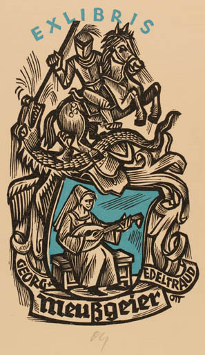 Exlibris by Herbert S. Ott from Germany for Georg Edeltraud - Horse Woman Knight Sct.G. and the Dragon 