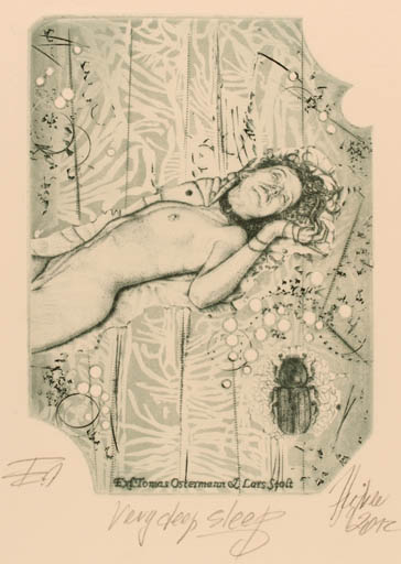 Exlibris by Günter Hujber from Czech Republic for Thomas Ostermann og Lars Stolt - Insect Woman 