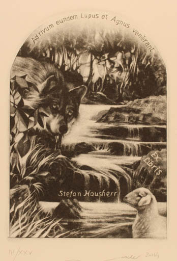 Exlibris by Ivo Mosele from Italy for Stefan Hausherr - Fauna Scenery/Landscape Literature 