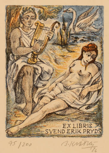 Exlibris by Bohumil Kratky from Czech Republic for Svend Erik Pryds - Classical antiquity Leda and the Swan Mythology 