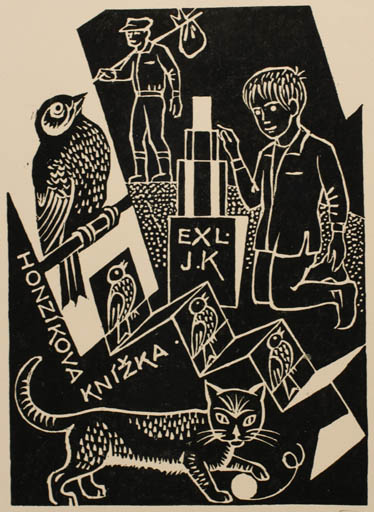 Exlibris by Dusan Janousek from Czech Republic for ? J. K. - Bird Cat Child Fauna 