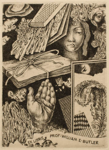 Exlibris by Bohumil Kratky from Czech Republic for Prof. William Ettler Butler - Hand(s) Portrait Surrealism 