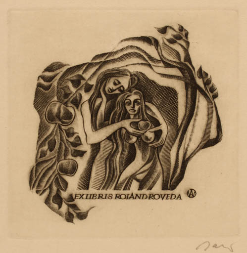 Exlibris by Wojciech Jakubowski from Poland for Roland Roveda - Adam and Eve Fruit 