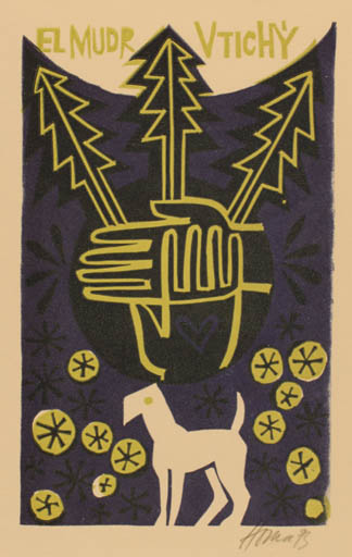 Exlibris by Miroslav Houra from Czech Republic for Dr. Vtichý - Dog Hand(s) Tree 