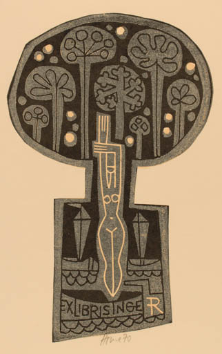 Exlibris by Miroslav Houra from Czech Republic for Inge Rödel - Woman Tree 