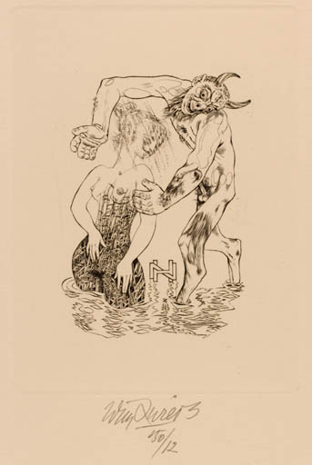 Exlibris by Wim Zwiers from Netherland for Dr. Norbert Hillerbrandt - Erotica Woman Pan/Faun 