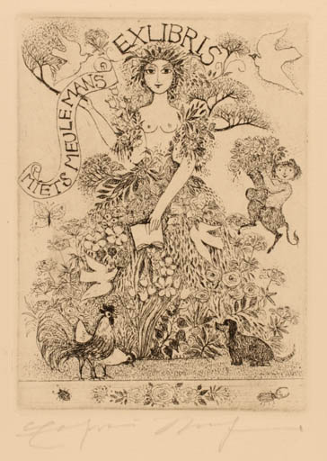 Exlibris by Elfriede Weidenhaus from Germany for Miets Meulemans - Fauna Flora Woman 