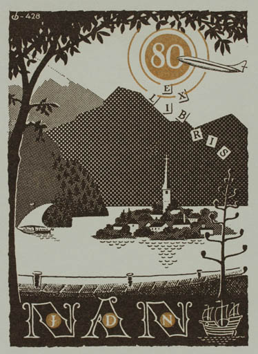 Exlibris by Christian Blæsbjerg from Denmark for Johan Due Nielsen - City Scenery/Landscape 