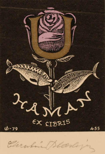 Exlibris by Christian Blæsbjerg from Denmark for Ulla Håman - Flower Fish 