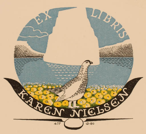 Exlibris by Christian Blæsbjerg from Denmark for Karen Nielsen - Bird Scenery/Landscape 