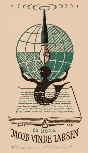 Exlibris by Christian Blæsbjerg from Denmark for Jacob Vinde Larsen - Book Globe Mermaid 