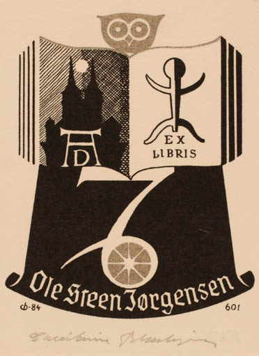 Exlibris by Christian Blæsbjerg from Denmark for Ole Steen Jørgensen - Book Owl 