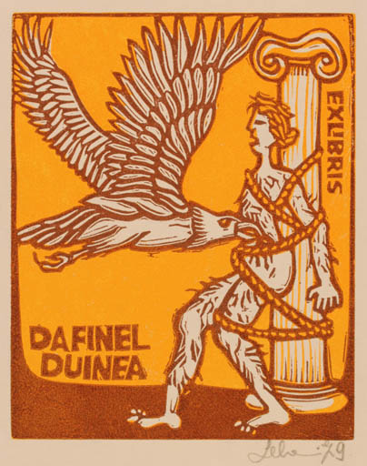 Exlibris by Maria Elisa Leboroni from Italy for Dafinel Duinea - Classical antiquity Drama Bird Mythology 