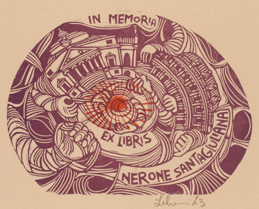 Exlibris by Maria Elisa Leboroni from Italy for Dr. Nerone Santagiuliana - City Hand(s) 