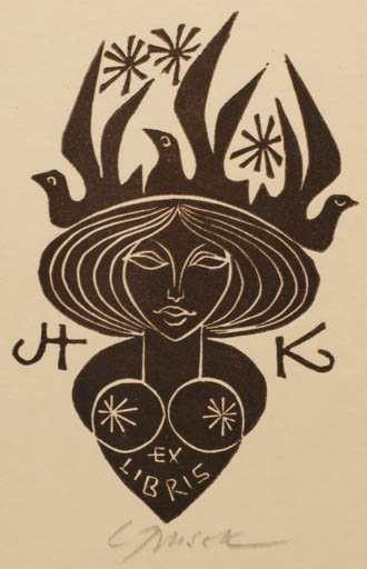 Exlibris by Ladislav Rusek from Czech Republic for ? H. K. - Bird Woman Portrait 
