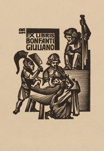 Exlibris by Anatolij Kalaschnikow from Russia for Bonfanti Giuliano - Drama Death Religion 