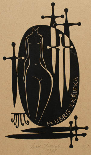 Exlibris by Ladislav Rusek from Czech Republic for Vaclav Krupka - Woman Nude Weapon 