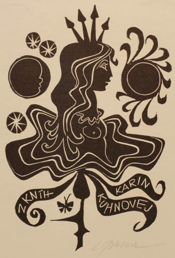 Exlibris by Ladislav Rusek from Czech Republic for Karin Kuhnovej - Cosmos Woman Portrait 