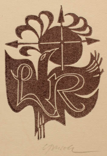 Exlibris by Ladislav Rusek from Czech Republic for ? L. R. - Fauna Bird Monogram Sun 