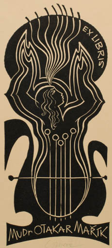 Exlibris by Ladislav Rusek from Czech Republic for Dr. Otakar Marik - Abstract Woman Music 