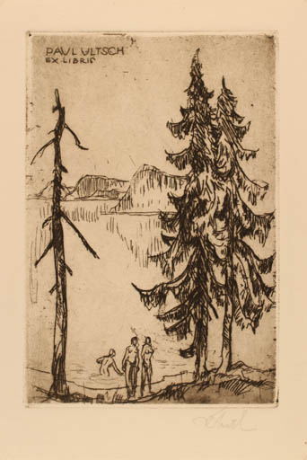 Exlibris by Rudolf Koch from Germany for Paul Ultsch - Woman Scenery/Landscape 