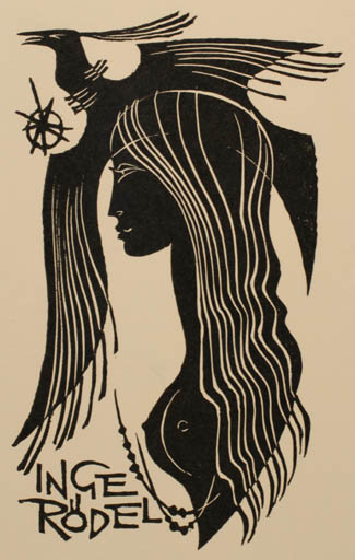 Exlibris by Ladislav Rusek from Czech Republic for Inge Rödel - Bird Bird Phoenix Woman 
