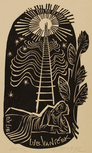 Exlibris by Ladislav Rusek from Czech Republic for Lub. Vanicek - Man Religion Sun 