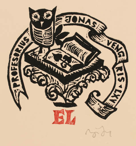 Exlibris by Valerijonas Vytautas Jucys from Lithuania for Prof. Jonas Vengris - Book Owl 