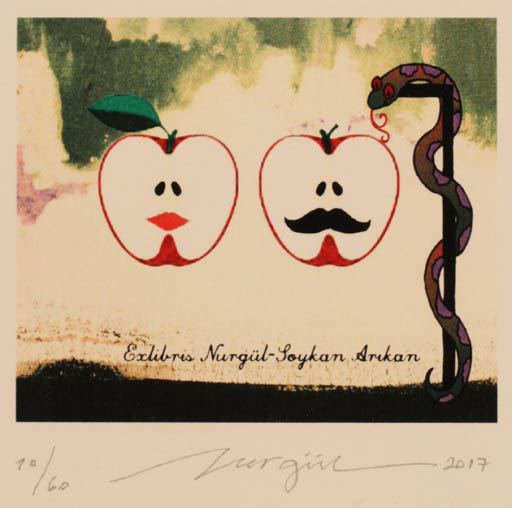 Exlibris by Nurgül Arikan from Turkey for Soykan Arikan - Adam and Eve Couple 