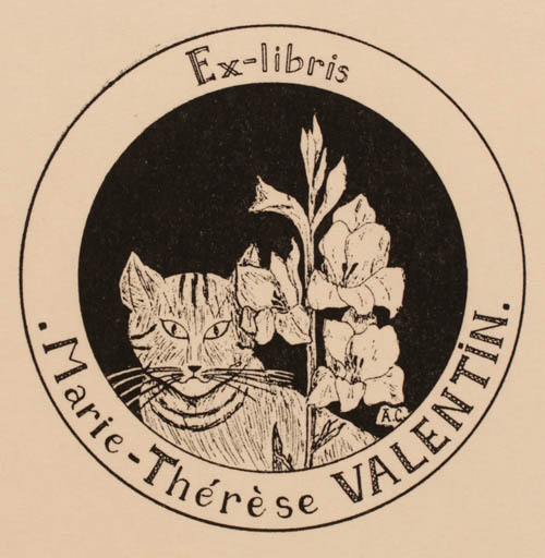 Exlibris by Antoinette Caclin from France for marie-Chérèse Valentin - Flower Cat 