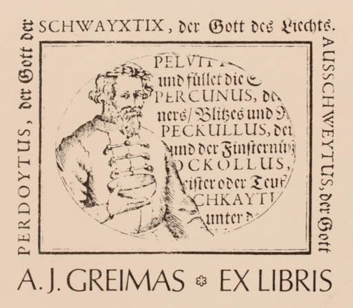 Exlibris by Vytautas O. Virkau from USA for A.J. Greimas - Man 