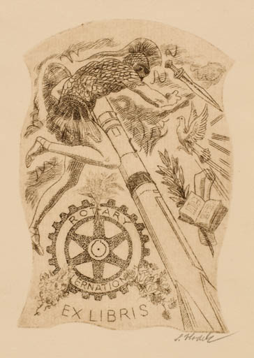 Exlibris by Ladislav Vlodek from Czech Republic for ? Rotary - Classical antiquity Military/War Technology Weapon 