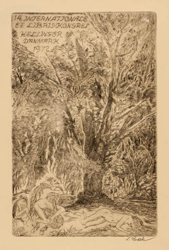 Exlibris by Ladislav Vlodek from Czech Republic for Helsingör XIV. EL Kongres - Fable Animal Flora Woman Nude Forest 