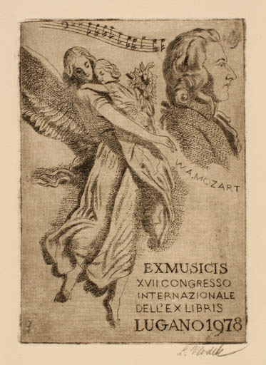 Exlibris by Ladislav Vlodek from Czech Republic for Lugano XVII. Int. Exlibriskongress - Angel Fairytale/fable Ex Mucika Exlibris Congress Music 