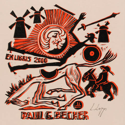 Exlibris by Lembit Lepp from Latvia for Paul G. Becker - Don Quijote Mill Knight 