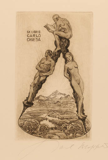 Exlibris by Karl Blossfeld from Germany for Carlo Chiesa - Woman Scenery/Landscape Man Nude 