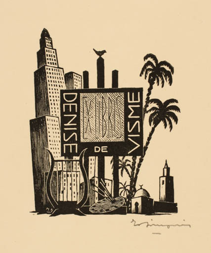 Exlibris by ? Unbekannt from Czech Republic for Denise de Visme - Architecture City Art Palm tree 