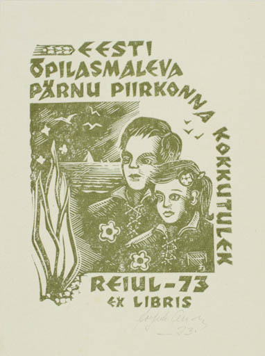 Exlibris by Johannes Juhansoo from Estonia for ? Eesti Opilasmaleve Pärnu - Maritime Couple 