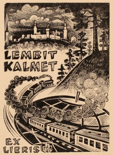 Exlibris by Johannes Juhansoo from Estonia for Lembit Kalmet - City Scenery/Landscape Train 