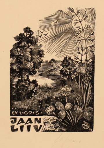 Exlibris by Johannes Juhansoo from Estonia for Jan Liiv - Scenery/Landscape Sun 