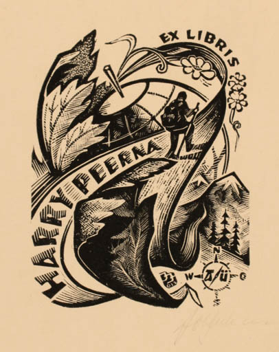 Exlibris by Johannes Juhansoo from Estonia for Harry Peerna - Mountain Globe Scenery/Landscape 