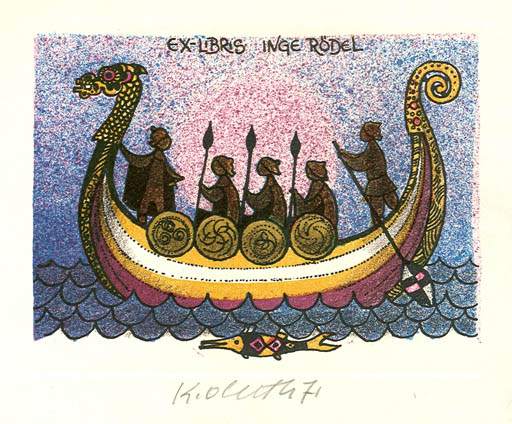 Exlibris by Karel Oberthor from Czechoslovakia for Inge Rödel - Maritime Ship/Boat Viking 