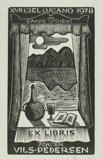 Exlibris by Jerzy Druzrycki from Poland for Jørgen Vils Pedersen - Mountain Book Exlibris Congress Scenery/Landscape Wine 