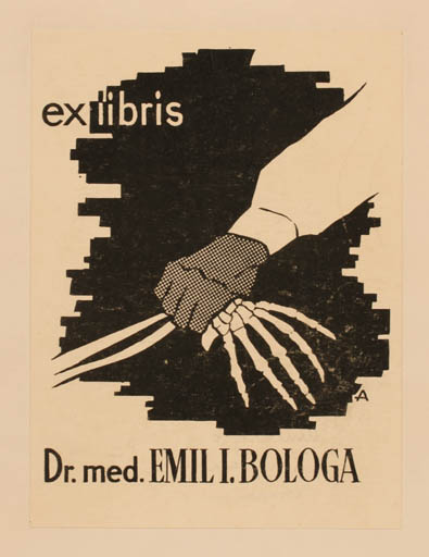 Exlibris by E. Amberg from Romania for Dr. Emil I. Bologa - Death Hand(s) Medicine 