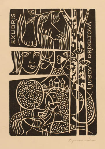 Exlibris by Dusan Janousek from Czechoslovakia for Ljuhov Ordeltova - Architecture Flora Portrait Horseman/Rider 