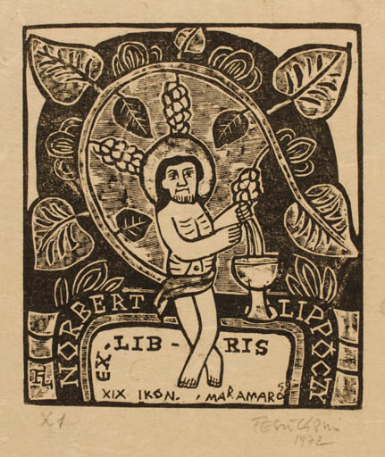 Exlibris by Ladislav Feszt from Romania for Ing. Nobert Lippóczy - Man Religion Wine 