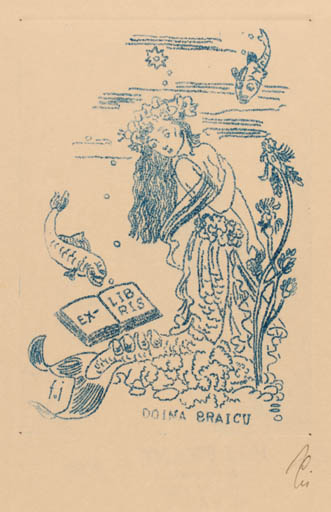 Exlibris by Franz Illi from Romania for Prof. Doina Braicu - Book Fish Mermaid 